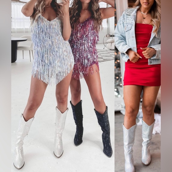 NEW Silver Knee High Western Style Bedazzled Cowboy Boots - Picture 9 of 15